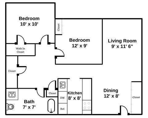 2 bedroom, one bathroom, medium floor plan